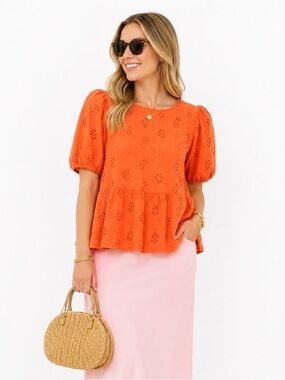 crown & ivy Orange Eyelet Peplum Blouse